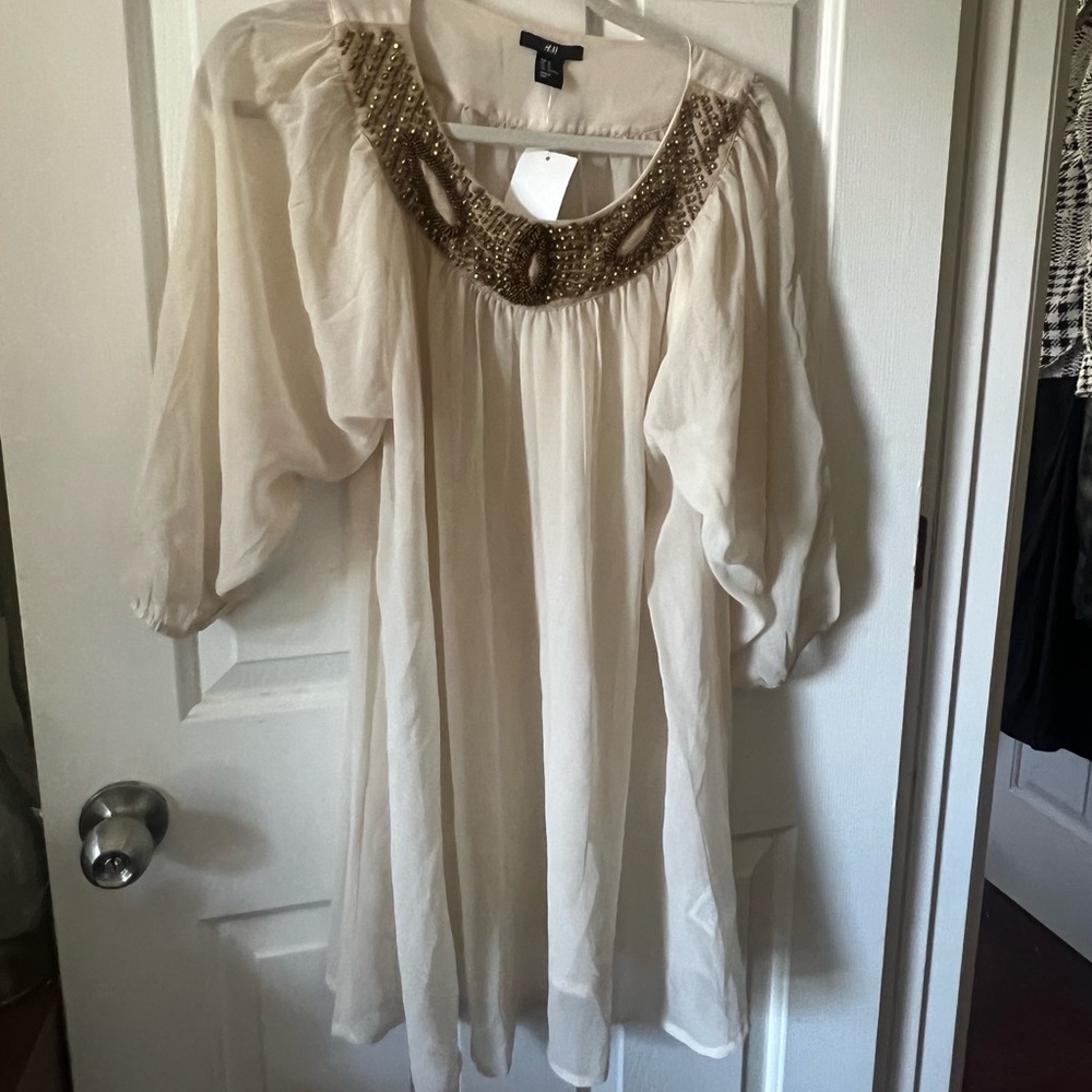Cream Chiffon shirt/dress with beaded neckline